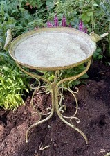 Decorative Bird Bath Table with three legs+ bird sculpture Aged Verdigris