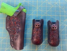 Handmade Leather Cross Draw Holster 2 mag pouch 1911 Sugar Skull Carving