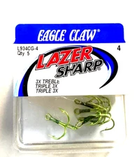 Eagle Claw Lazer Sharp 3X Size 4 Green Treble Hooks 5-Count Package L934CGH