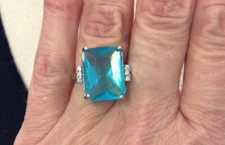 Sterling 925 Chunky Simulated Blue Topaz  Cz Ring Sz 7 GG312