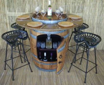 Wine Barrel Table Inbuilt Cooler And 4 Tractor Stools