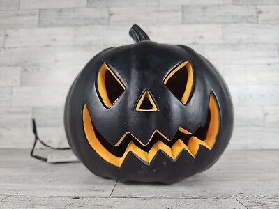 Halloween Black Pumpkin Blow Mold Jack O Lantern 9'' Light Up Plug In Decor