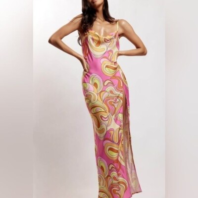 Meshki Jade cowl neck Backless Maxi Dress Women’s XL Pink Psychedelic Print  NWT