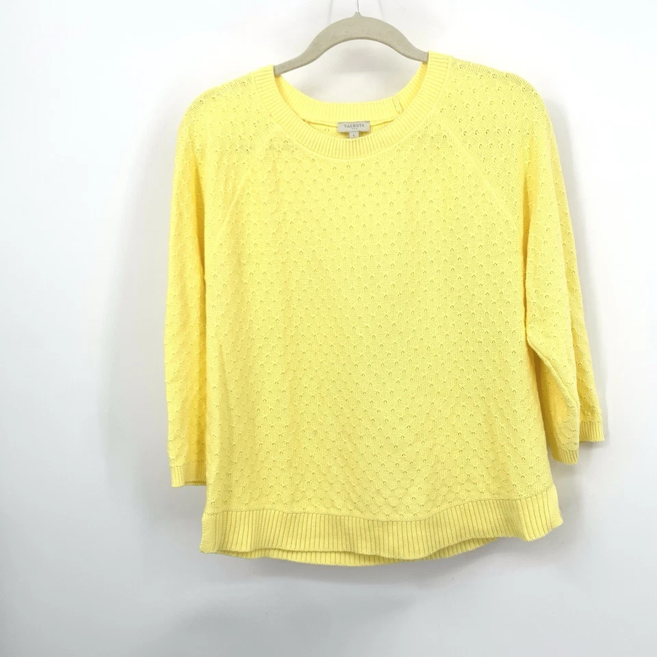 Talbots Women Size Large Sweater Yellow Eyelet Pullover Top 3/4 Sleeve Cotton - Image 3 of 4