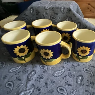 6er Keramik Kaffeebecher-Set blau/gelb Sonnenblumen Landhaus mit Henkel - Bild 1 von 2