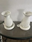 Fenton White Hobnail Milk Glass Taper Candle Holders Pair w/ Drip Plates Glossy