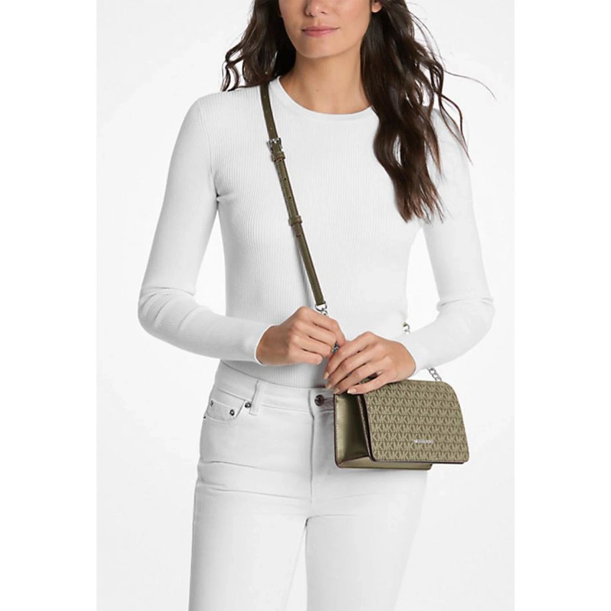 みーこ Michael Kors Jet Set Signature Logo Crossbody Bag (Olive