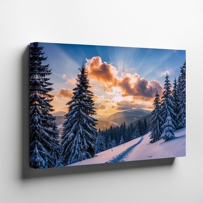 Serene Winter Landscape Featuring Tall Evergreen Trees Blanketed In Wall Art