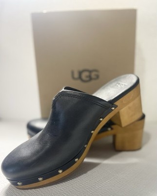 UGG M Kay  Mule Black Leather Lined with Sheepskin Clogs Women's Size 11