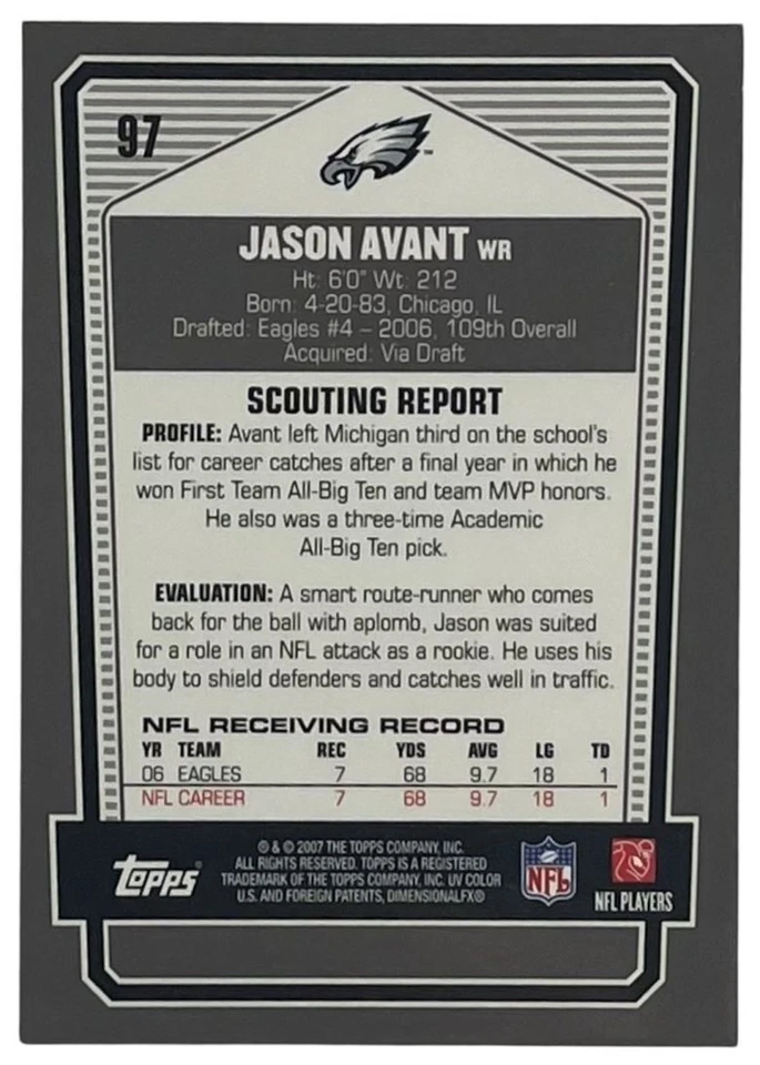 2007 Topps Draft Picks & Prospects Chrome Black #97 Jason Avant Eagles - Image 2 of 2