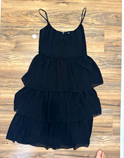 Womens Black Solid Ruffle Tiered Mini Dress Spaghetti Straps Zip Back