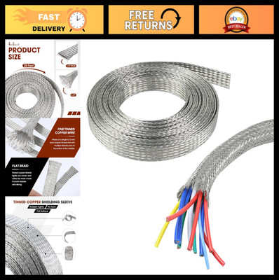 Flexible Tinned Copper Braid Cable Shielding Sleeve Ground Straps - 28ft Expanda