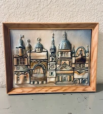 Handmade Ceramic Framed Wall Art of Cathedral/City in Europe 10x13” Signed Mint