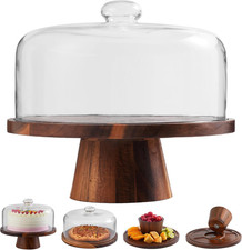 Acacia Wood Cake Stand with Glass Lid  12" Magnetic Base for Parties Kitchen