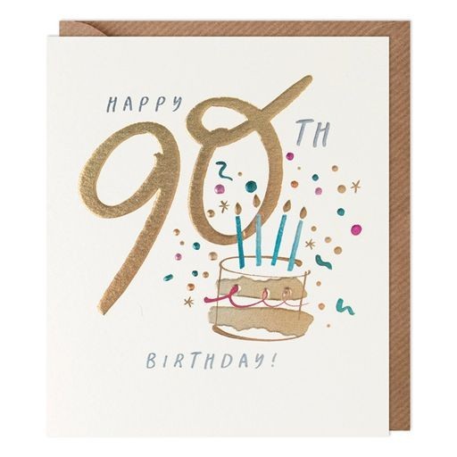 90th Birthday Card Ninety Ninetieth Cake - Stylish Gold Foiled Greeting Card