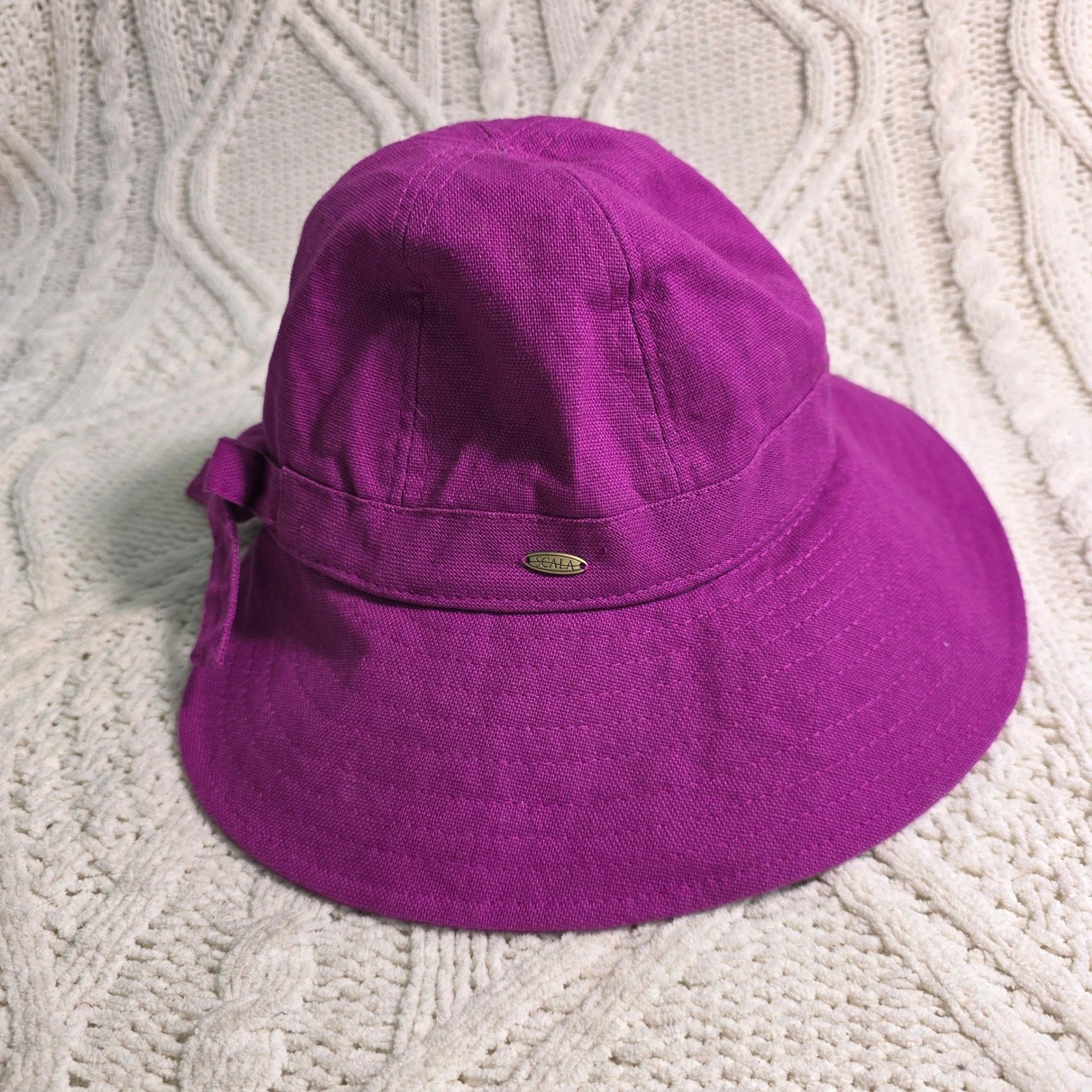 Scala Cotton Facesaver Sun Hat UPF 50+ Magenta Purple Wide Brim Bow Accent OSFM