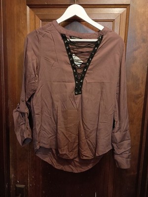 Express Blouse Womens size Small Purple Lace Up Neck Long Sleeve