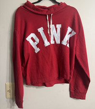 PINK Victoria s Secret Red Women s Pullover Fleece Logo Hoodie Drawstring M