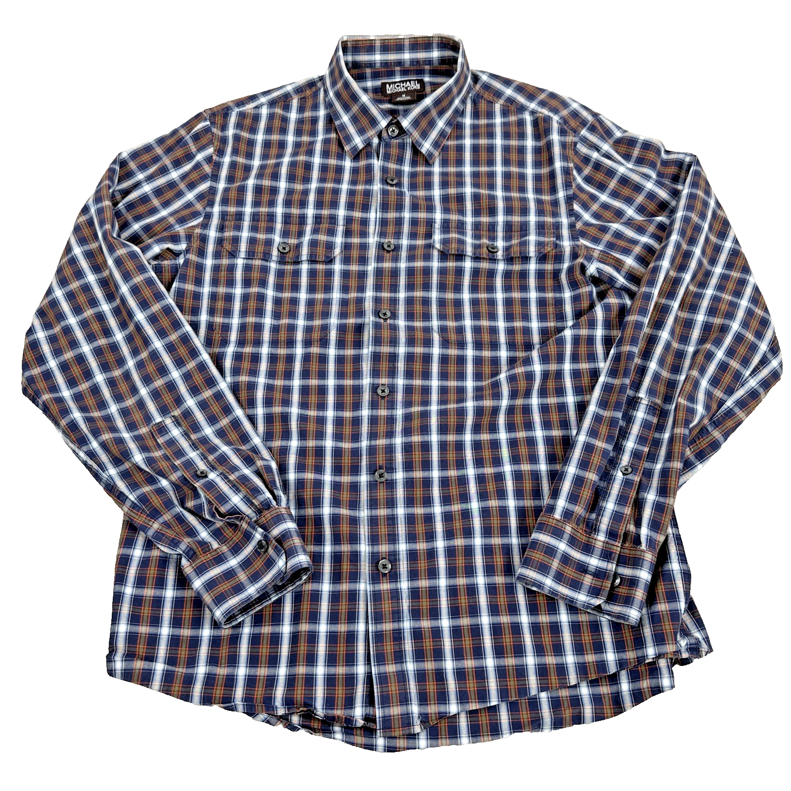 Michael Kors Men's Size M Navy Blue & Rust Plaid Long Sleeve Button Down Shirt
