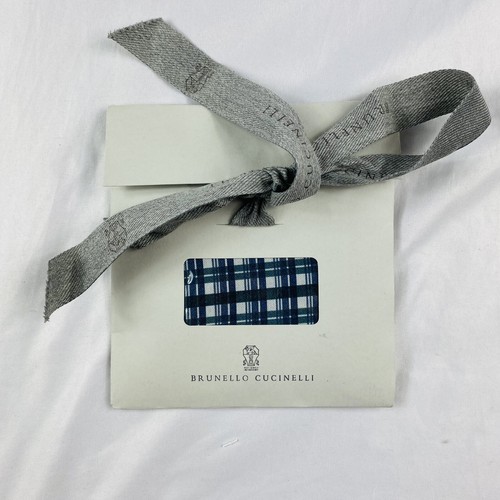 Brunello Cucinelli Blue Green Thin Check Cotton Silk Mens Pocket Squares NWT - Picture 4 of 4