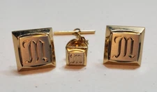 Vintage Swank Silver &Gold M Engraved Cufflinks and Tie Tack Pin 