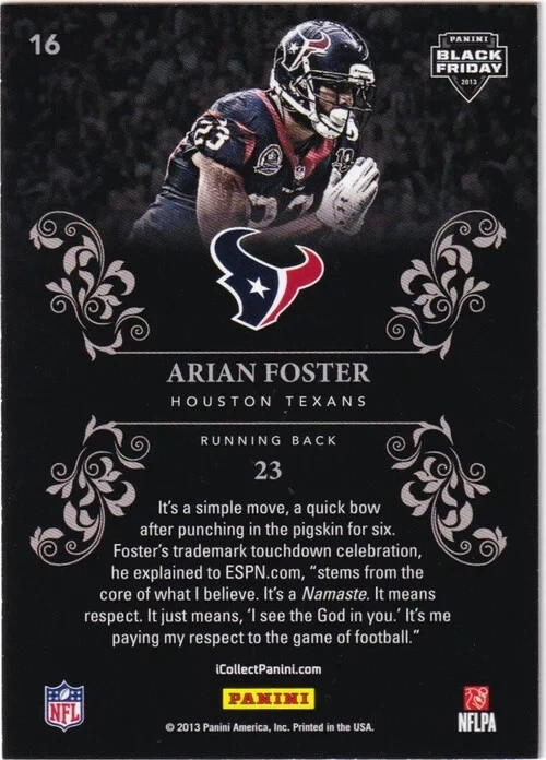 2013 Panini Black Friday Panini Collection #16 - Arian Foster - Image 2 of 2