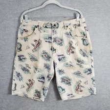 VINTAGE Sostanza Men Shorts 36 Beige Denim Fishing Adventure Allover Print USA *