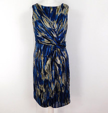 Monsoon Blue Gold Dress Size 10 Gathered Lined