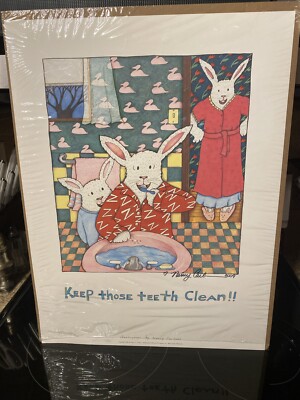VTG Signed Nancy Carlson Children's Poster Keep Those Teeth Clean Dental 18 x24 