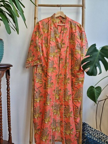 Indian Women Sleepwear Cotton Kimono Robe Dressing Gown One Size Maxi Bathrobe - Picture 6 of 6