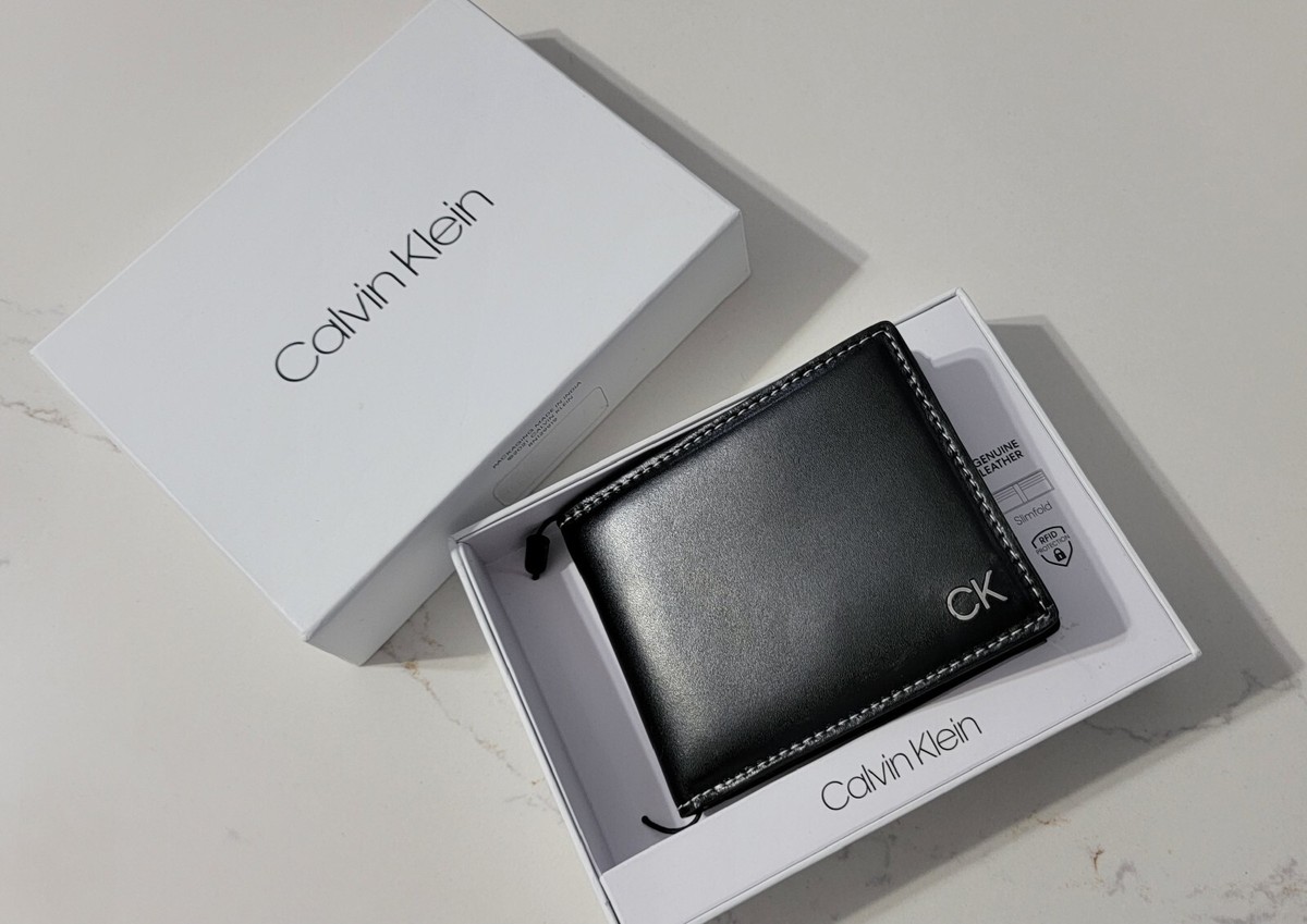 NEW Calvin Klein Men's RFID Genuine Leather Slimfold Wallet BLACK
