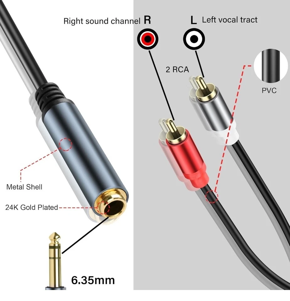 JSADZKJ6.35mm to 2 RCA Cable 1/4 Inch TRS Mono Female to 2 RCA Male Audio B13 - Image 2 of 4