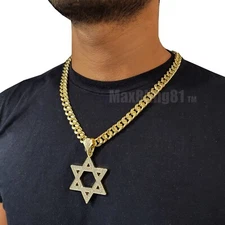 Iced Cubic Zirconia Gold Plated Star of David Charm & 10mm Cuban Chain Necklace