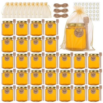 Clear 6oz Mini Glass Honey Jars with Wood Dippers 30pc Set of Glass Honey