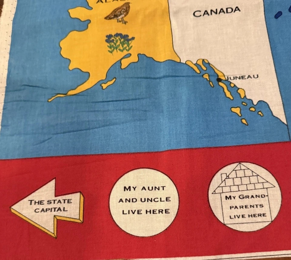 "Mapa de tradiciones de tela de Estados Unidos con panel estatal de aves y flores 35 x 59""" Foto 2 de 4