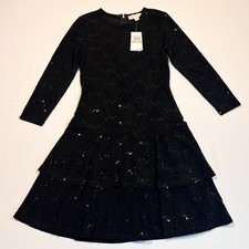 Michael Kors Shift Dress Drop Waist Tiered 3/4 Sleeve Black Sequins Size S NWT