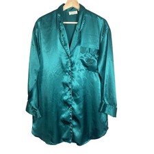 Vtg Victoria's Secret Gold Label Green Satin Button Down Sleep Shirt S Designer