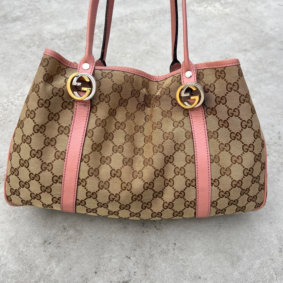 Gucci | Authentic Vintage Monogram GG Beige Canvas Pink Leather Shoulder Bag - Image 4 of 4
