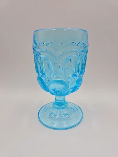 L.E. Smith Vintage Moon and Stars Aqua Blue Glass Stemmed Goblet 6"