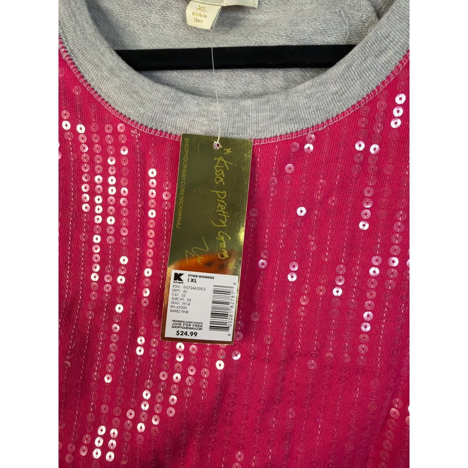 Moletom com cordão Nicki Minaj cinza rosa lantejoulas manga raglan novo com etiquetas tamanho XL - Imagem 4 de 4