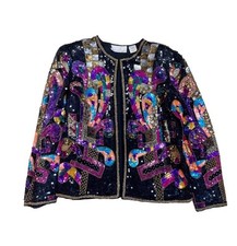VTG Laurence Kazar Multi-Colored Sequin Beaded Silk Lined Evening Jacket/ M
