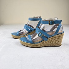 Vionic Sabina Blue Leather Espadrille Wedge Sandals Women's Size 8.5