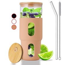 32oz Drinking Glass Tumbler with Bamboo Lid and Straw - Silicone Sleeve - Fit...