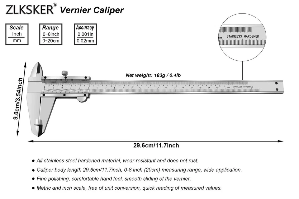 ZLKSKER 8 Inch / 20 cm Micrometer Vernier Caliper, Stainless Steel Precision... - Image 2 of 4