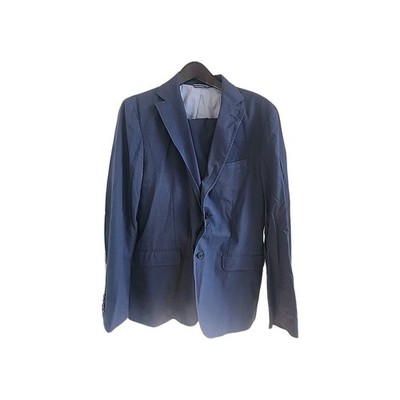 massimo dutti men suit Cotton Navy Blue Check Suit EU 52 Jacket/44 Pants 36