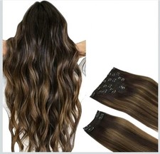 DOORES Clip in Hair Extensions Human Hair, Dark Brown to Chestnut Brown 14" 7 PC
