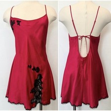 Vintage Victoria's Secret Y2K Red Satin Chemise Slip Dress Black Lace EUC SzL