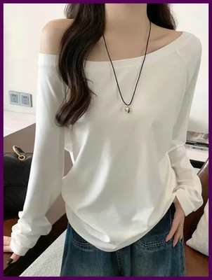 Camiseta de manga larga con hombros descubiertos de gran tamaño para mujer, tops