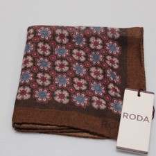 Roda NWT 100 Wool Pocket Square In Brown w/ Red / Multi Geometric Floral Print
