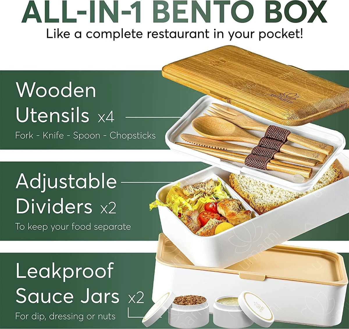 Umami - All-in-1 Bento Box Adult Lunch Box - with Utensils - White, Bamboo  - NEW